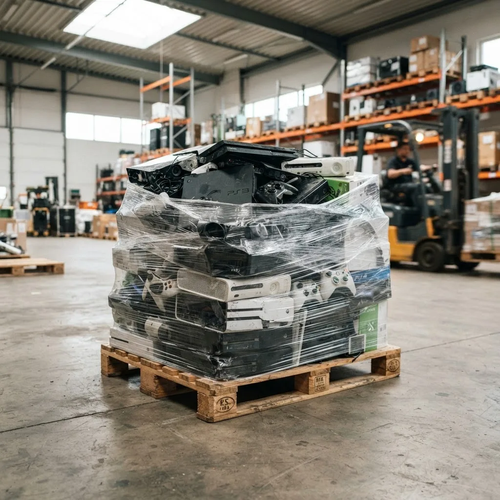 Shrink-wrapped pallet of broken game consoles on a warehouse floor, with racking and a forklift behind it